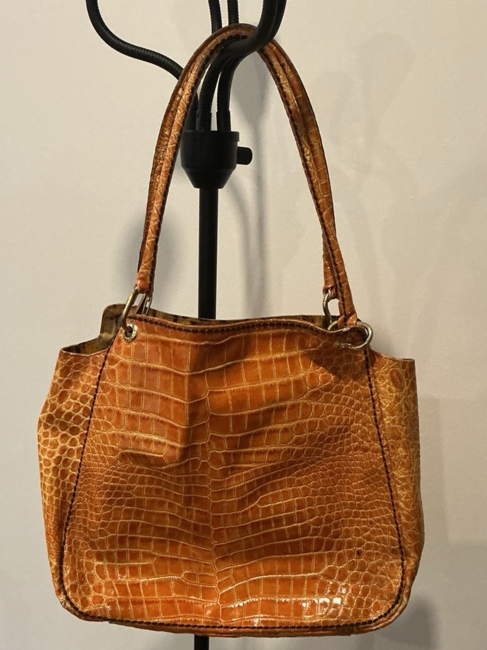 Plinio Visona Croc-Embossed Shoulder Bag in Tan